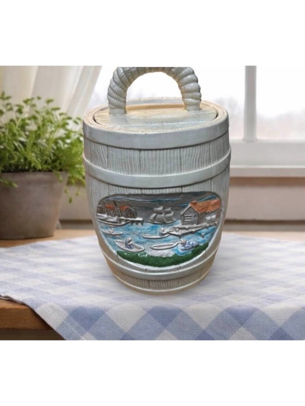 Vintage Ceramic Barrel Cookie Jar With Coastal Harbor Scene Lid Handle Hersheys - Picture 2 of 8